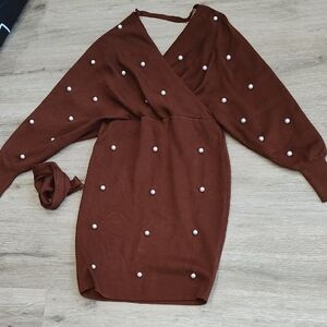 Chic Long Sleeve Brown Dress with Pearl Details